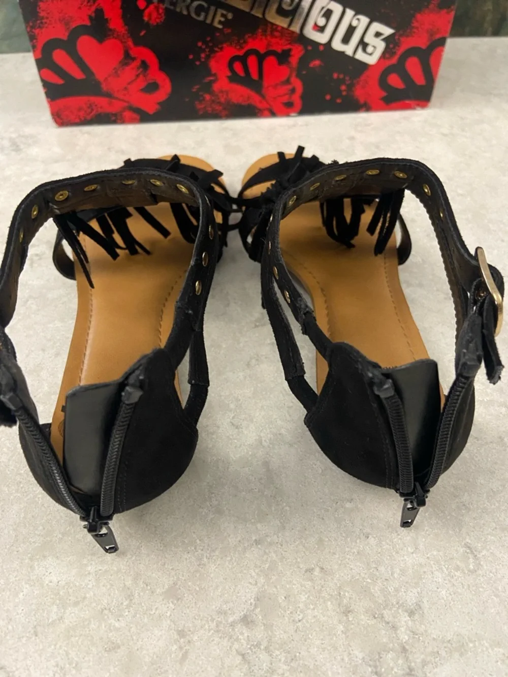 Sale! Fergalicious Black Leather Fringe Gold Studded Gladiator Sandals, size 7M - Picture 10 of 14